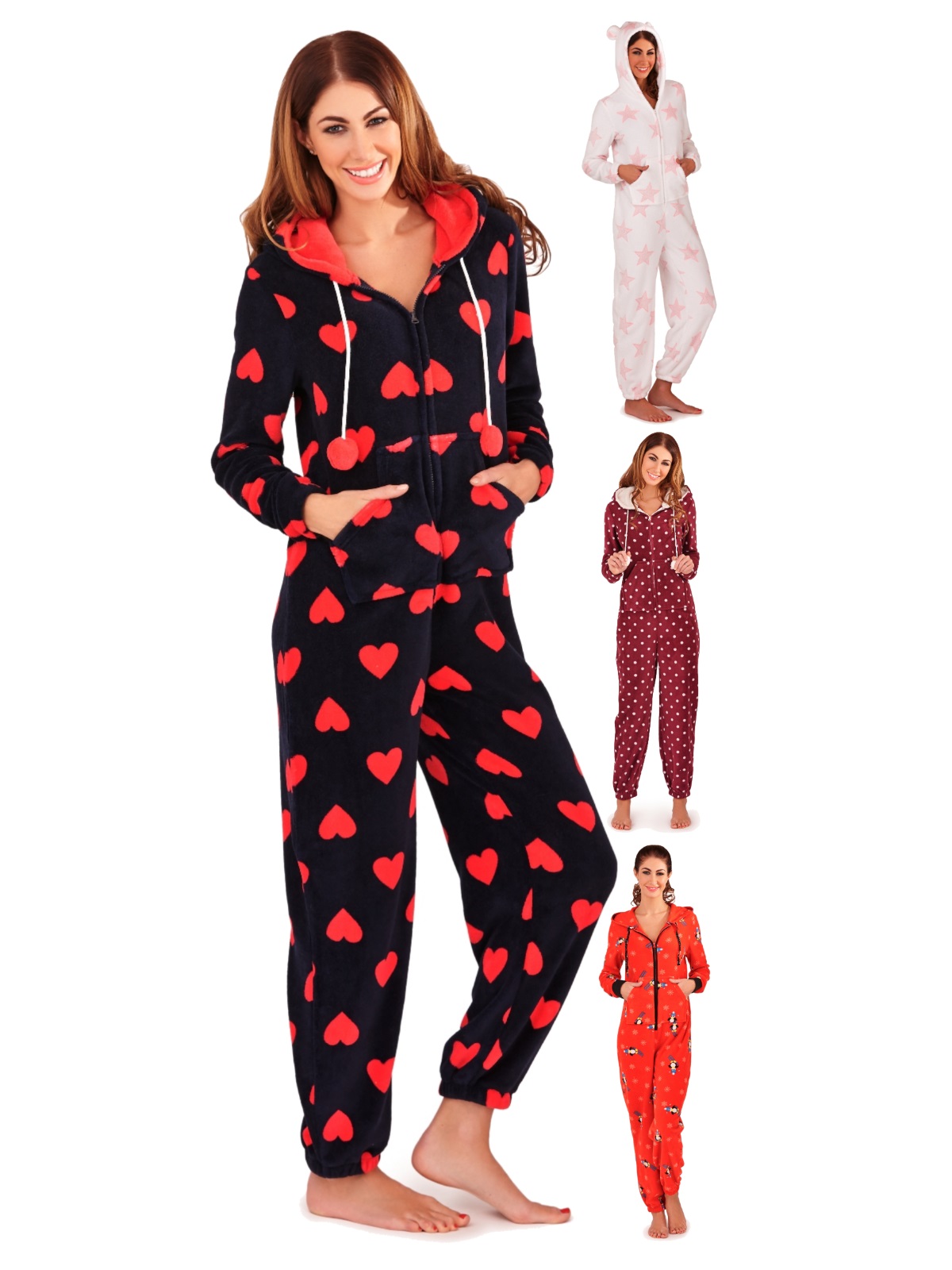 Womens Luxury All In One Hooded Pyjamas Pjs Jumpsuit Ladies Onezie